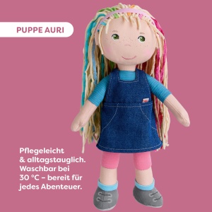 Papusa din Material HABA Auri 30 cm - Papusa Moale cu Par Colorat pentru Copii - Img 3