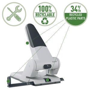 Perforator Leitz Extra Strong, pentru 65 de coli, perforator mare si puternic pentru perforare fara efort la birou, aluminiu turnat sub presiune, piese din plastic reciclat, 100% reciclabil, negru, 51800095 - Img 3