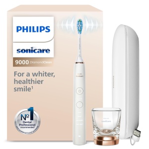Periuta de dinti electrica Philips Sonicare DiamondClean 9000, periuta de dinti sonica cu aplicatie, senzor de presiune, 4 moduri de periaj, 3 niveluri de intensitate, sticla de incarcare si husa de calatorie USB, aur roz, model HX9911/94