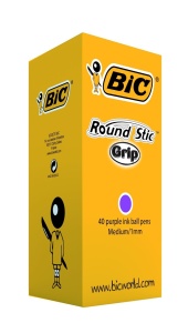 Pix Bic Round Stic Grip cu cerneala violeta, 40 bucati, 1.0 mm