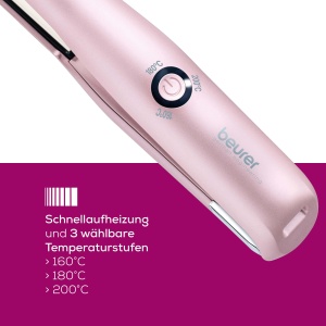 Placa de indreptat parul fara fir Beurer HS 20 cu incarcare USB, ideala pentru deplasare, placa de indreptat calatoria, trei setari de temperatura si incalzire rapida, roz - Img 3