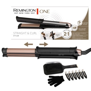 Placa de indreptat si ondulator Remington ONE [2in1 Multistyler] Mod de indreptare/ondulare cu suprafata exterioara incalzita comutabila (inclusiv perie, cleme, manusa, afisaj digital 150-230deg) Placa de indreptat parul S6078 - Img 1