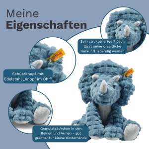 Plush Dinosaur Dixi Triceratops Steiff, 28 cm, Culoare Petrol, Plus Moale - Img 3