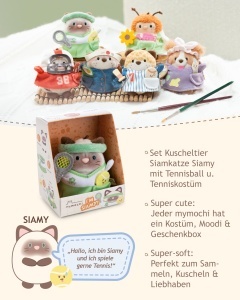 Plushie Pisica Siamese NICI Siamy 8cm cu Costum Verde si Minge de Tenis - Img 3