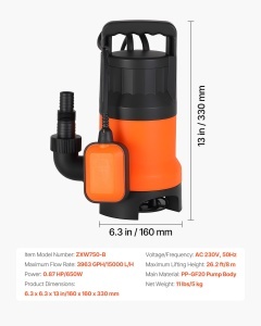 Pompa submersibila VEVOR 650W debit 15000Lh inaltime de pompare 8m pentru apa murdara si curata - Img 7