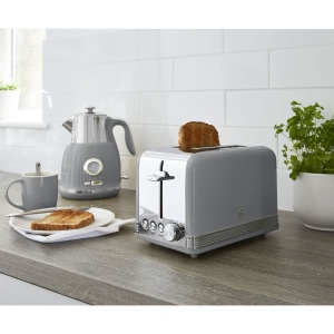 Prajitor de paine cu fante largi Swan Retro ST19010GRNEU cu 2 felii, design vintage, 3 functii: dezghetare/reincalzire/anulare, 6 controlere de nivel de paine prajita, otel inoxidabil, gri, 815W - Img 4
