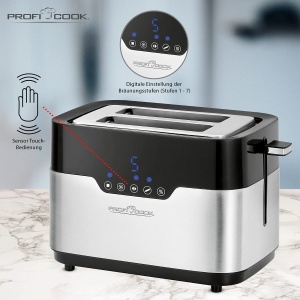 Prajitor de paine ProfiCook PC-TA 1170 cu 2 felii, senzor tactil, atasament pentru role, sertar pentru firimituri, functie de centrare, 7 niveluri de rumenire, otel inoxidabil negru - Img 5