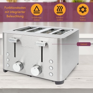 Prajitor de paine ProfiCook(r) | Prajitor de paine cu 4 felii | Carcasa din otel inoxidabil | 1500 wati | Slot larg | Atasament pentru role (detasabil) | 7 niveluri de bronzare reglabile | Sertar firimituri | Bobina de cablu | PC-TA 1252 - Img 8