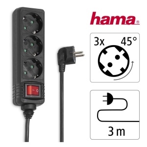 Priza multipla Hama 3-faceri cu intrerupator, 3m cablu, 3680W, Negru - Img 2