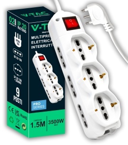 Priza multipla V-TAC cu 9 socketi si cablu de 1.5 m, alba