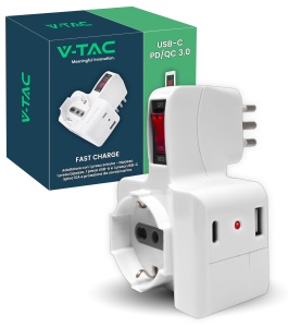 Priza multipla V-TAC cu USB-C 20W, 3 iesiri, 1,5m cablu