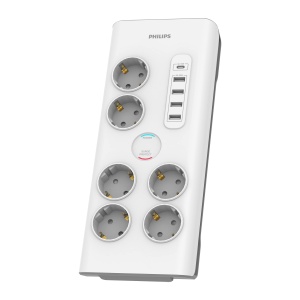 Priza Philips SPN7060WA/10 cu 6 prize Schuko, 4 porturi USB 35 W si 1 Type-C, bloc de alimentare, cablu impletit de 2 metri de inalta rezistenta, blocare de siguranta (indicator LED Prot), alb