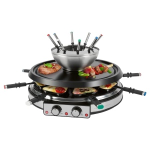 ProfiCook Combinatie de fondue de raclette pentru 8 persoane, set de gratar electric de masa 2 in 1 incl. Tigai de spatula Furculite Piatra naturala, de asemenea, fondue de branza si fondue de ciocolata, RG / FD 1245, 501245, otel inoxidabil - Img 1