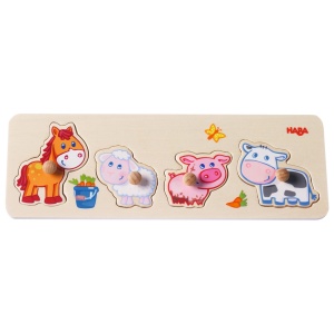 Puzzle din lemn HABA 301939 cu animale de ferma, 4 piese, pentru copii de la 12 luni