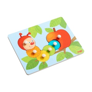 Puzzle din lemn HABA 303189 - Raupe Mina, 6 piese, cu butoane mari, pentru copii 12 luni