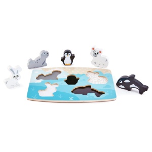 Puzzle senzorial Hape E1620 Polartiere cu animale polare si materiale tactile