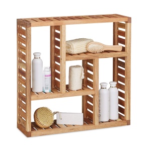Raft de perete Relaxdays din nuc cu 5 compartimente, dimensiuni 50x50x15 cm
