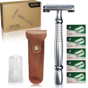 Rasoir cu doua taisuri Amtier - Set cu 5 lame din otel inoxidabil, etui de calatorie