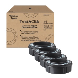 Recipient pentru scutece avansat Tommee Tippee Twist & Click, casete de reumplere originale, pachet exclusiv de 4, pentru reumplere usoara si valoare excelenta (ambalajul poate varia)
