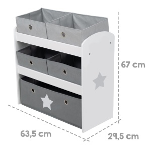 roba Raft de joaca Stars - Raft de jucarii pentru camera copiilor cu 5 cutii din tesatura - cu motiv stea - Raft de depozitare pentru baieti si fete - lemn alb - Img 3