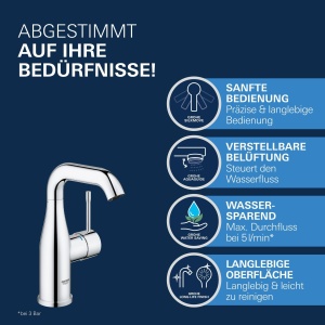 Robinet pentru chiuveta GROHE Essence, crom, 19cm, economisire apa - Img 3