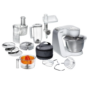 Robot de bucatarie Bosch Seria 4 MUM54251, bol 3,9 L, blender 1,25 L, masina de tocat carne, storcator de citrice, taietor de cubete, carlig de aluat, tel, tel, tocator continuu, 3 felii, 900 W, alb/argintiu - Img 1