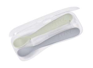 Set 2 linguri silicon Beaba pentru bebelusi varf moale maner ergonomic cu cutie de transport GriVerde - Img 2