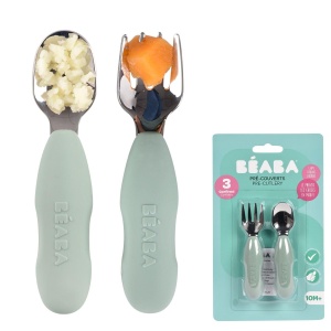 Set 2 Piese Tacamuri pentru Copii BEABA din Inox si Silicon, Ergonomice, Salbeigrun