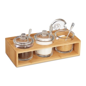 Set 3 Borcane pentru Condimente cu Suport din Bambus, Relaxdays, 11 x 27 x 13 cm