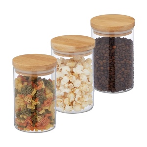 Set 3 Borcane Sticla cu Capac Bambus, 800 ml, Transparent