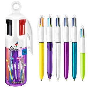 Set 6 Stilouri BIC 4 Culori, Diverse Culori, Becher Lila, Ideal pentru Birou si Scoala