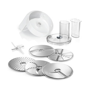 Set accesorii pentru masina de bucatarie Bosch VeggieLove MUZ5VL1, 5 discuri din inox, compatibil cu seriile MUM 2 si MUM 5