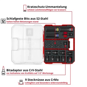 Set chei si biti Einhell 32 piese XL-CASE cu protectie jante si adaptor impact - Img 3