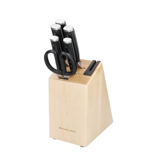 Set cutite KitchenAid Gourmet 6 piese manere negre otel japonez bloc din lemn cu ascutitor integrat