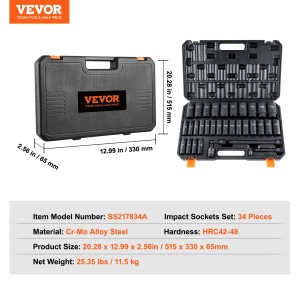 Set de chei cu impact VEVOR 34 piese, Cr-Mo, 8-36 mm, cutie de depozitare - Img 7