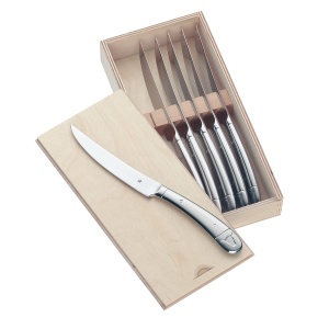 Set de cutite de friptura WMF 6 bucati cutit de pizza otel inoxidabil Cromargan lustruit margine zimtata se poate spala masini de spalat vase in cutie