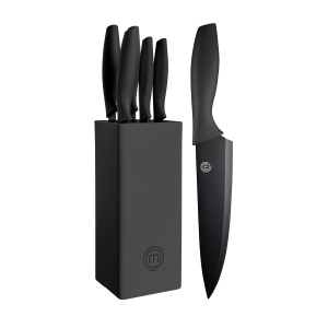 Set de cutite MasterChef cu suport, 5 piese, otel inoxidabil, negru