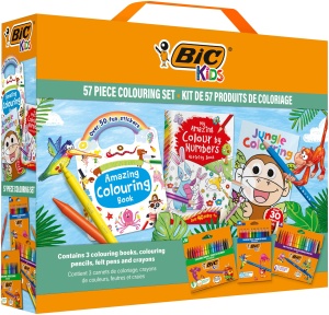 Set de desen BIC Kids cu 18 creioane colorate, 18 markere, 18 carioci, 3 caiete si 50 autocolante