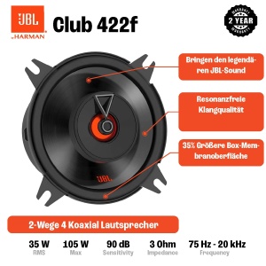 Set de difuzoare auto JBL Club 422F cu 2 cai de la Harman Kardon - cutii de difuzoare auto de 105 wati 10 cm | 100 mm | 4 inch, negru - Img 2