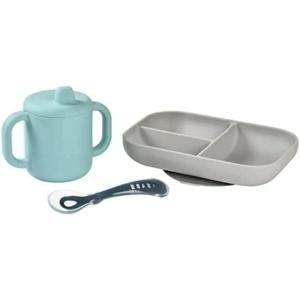 Set de invatare din silicon Beaba, 3 piese, farfurie cu 3 compartimente, albastru