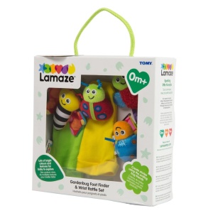 Set de jucarii senzoriale Lamaze Gardenbug LC27634 pentru bebelusi 0-6 luni cu sosete si bratari zornaitoare