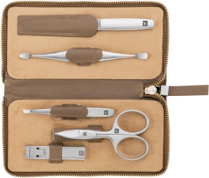 Set de Manichiura ZWILLING 5 piese, din otel inoxidabil, cu etui din piele taupe