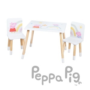 Set de mobilier pentru copii Peppa Pig - 2 scaune si 1 masa, albnatur, din lemn