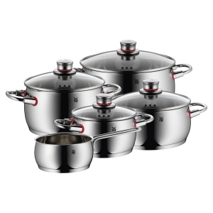 Set de oale cu inductie de calitate WMF 5 bucati, set de oale de gatit cu capac de sticla, otel inoxidabil Cromargan lustruit, set de oale cu inductie neacoperite, deschidere cu abur - Img 1