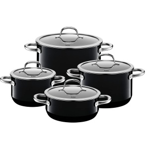 Set de oale cu inductie Silit Passion Black 4 pies, Set de oale de gatit cu capac din sticla, Silargan Ceramic functional, Set de oale cu inductie fara nichel, negru