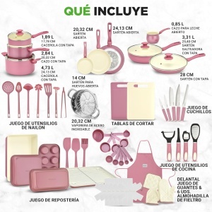 Set de Oale si Tigai NutriChef 54 Piese Antiaderent Roz Inclusiv Utensile de Bucatarie - Img 2