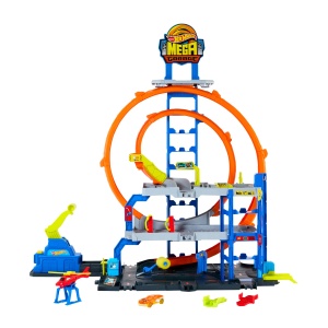 Set de pista Hot Wheels City Mega Park Garage, 3 nivele, capacitate 37 vehicule, cu masina si helicopter