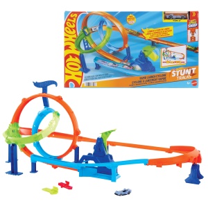 Set de pista Hot Wheels cu 2 loop-uri si 2 zone de accident, JHK73