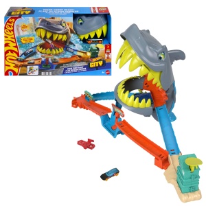 Set de pista Hot Wheels Hai-Alarm la plaja, cu masina Die-Cast 164, 2 moduri de joc