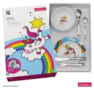 Set de tacamuri si vesela pentru copii WMF Einhorn 6 piese inox Cromargan potrivit pentru copii 3-9 ani - Img 6